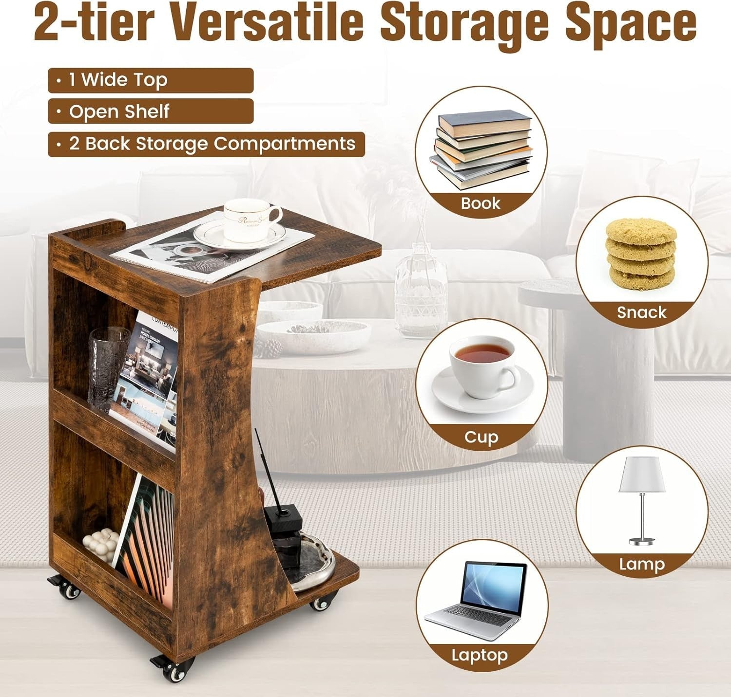 C-Shaped Sofa Side Table with Wheels & Storage – Overbed Snack Coffee Stand