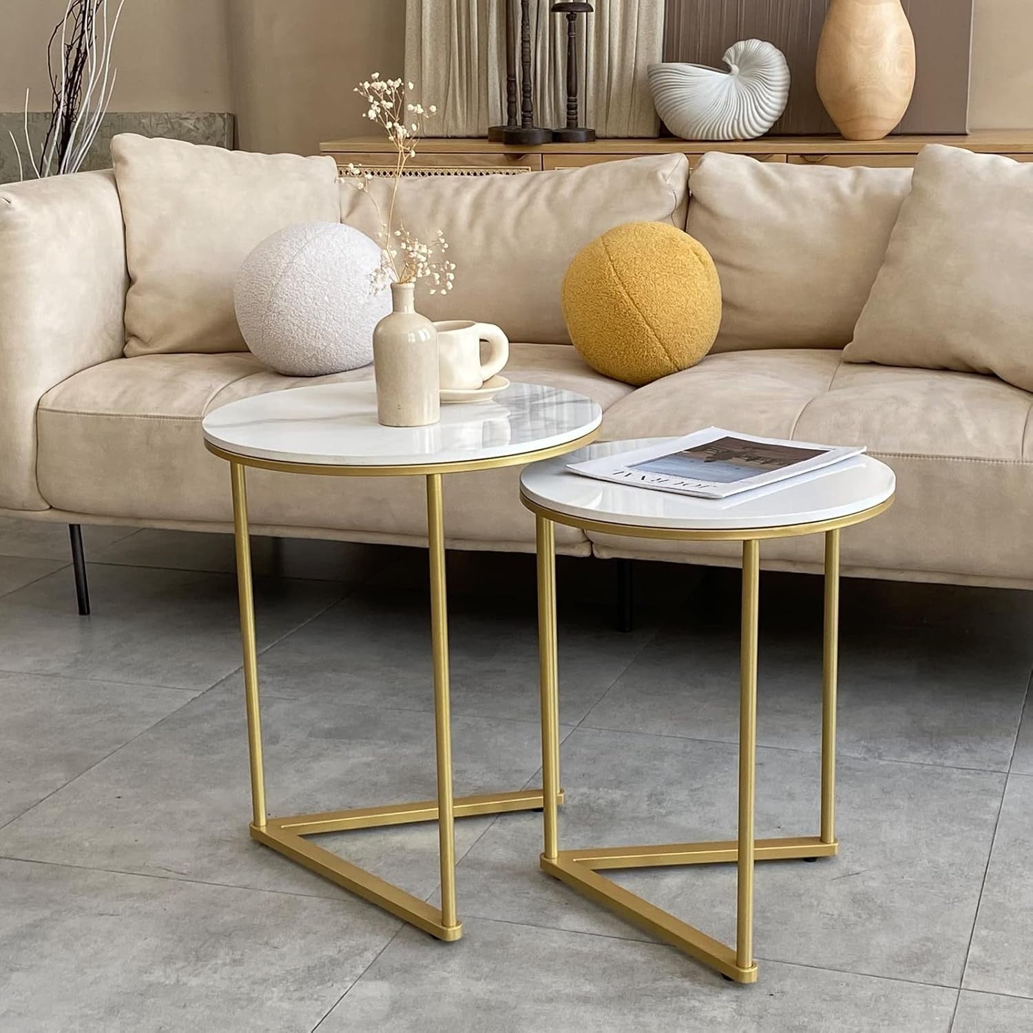 Gold Nesting Side Tables Round Marble Stone Top End Accent Table Set Living Room