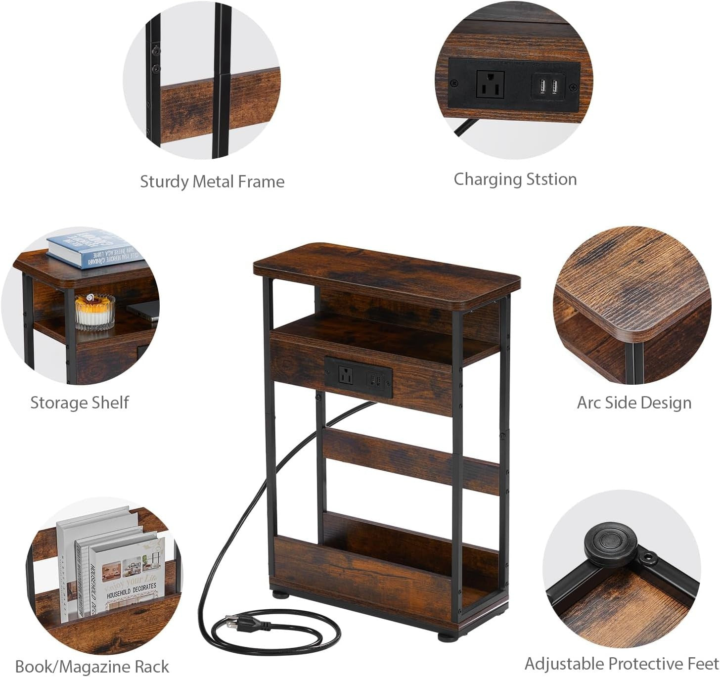 Slim Bedside Table with USB Charging Ports & Storage, Rustic Brown 55cm