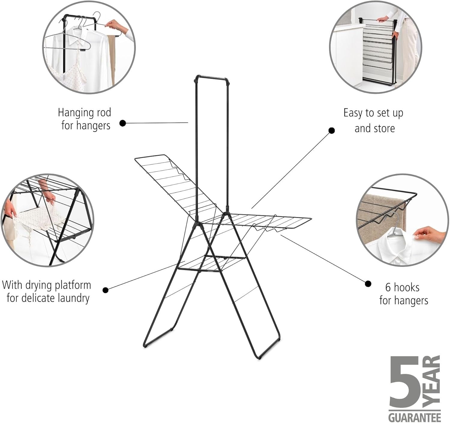 20m Clothes Airer with Hanger Rod Folding Indoor Drying Rack Matt Black