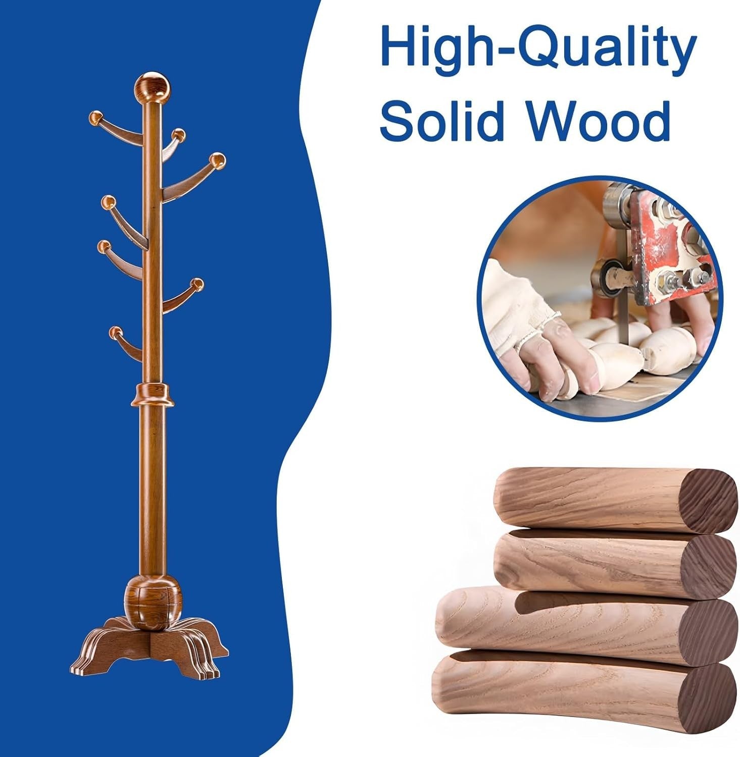 Solid Wood Free Standing Coat Rack | 7 Hook Hall Tree Organizer Stand