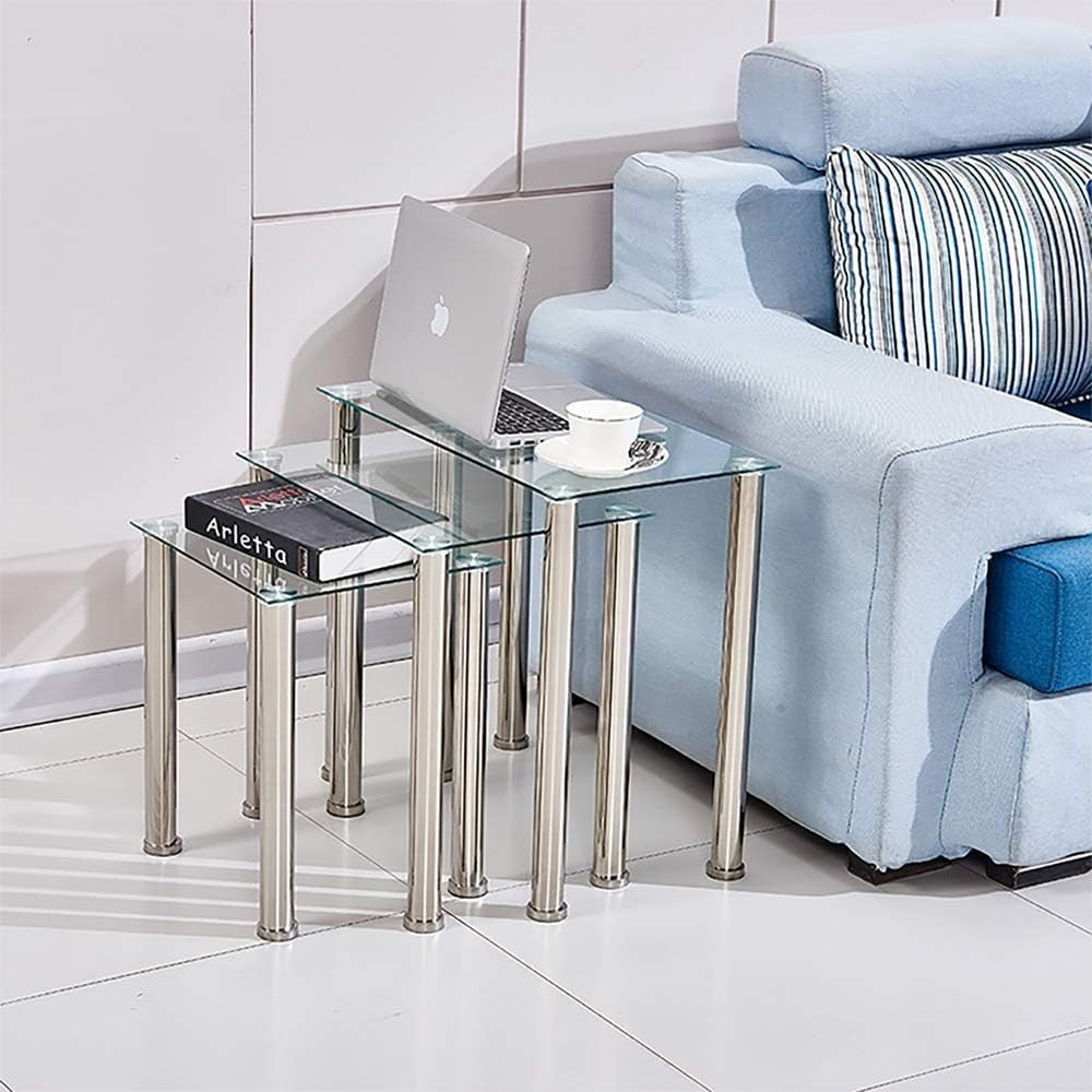 Nest of 3 Modern Glass Coffee Table Set Chrome Legs Side End Sofa Living Room