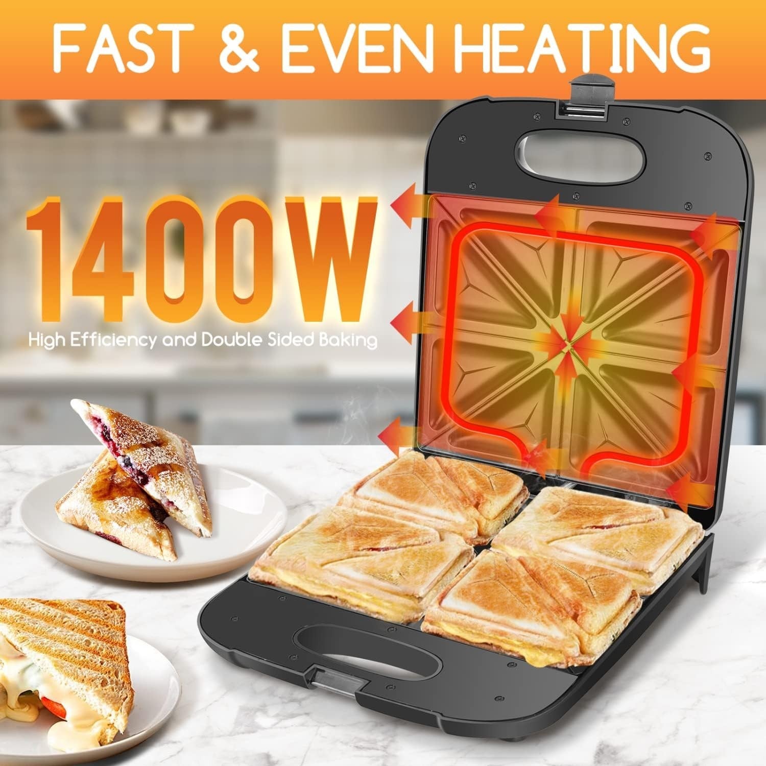 4-Slice Sandwich Maker 28x22.5cm Non-Stick Toastie Grill Fast Heating