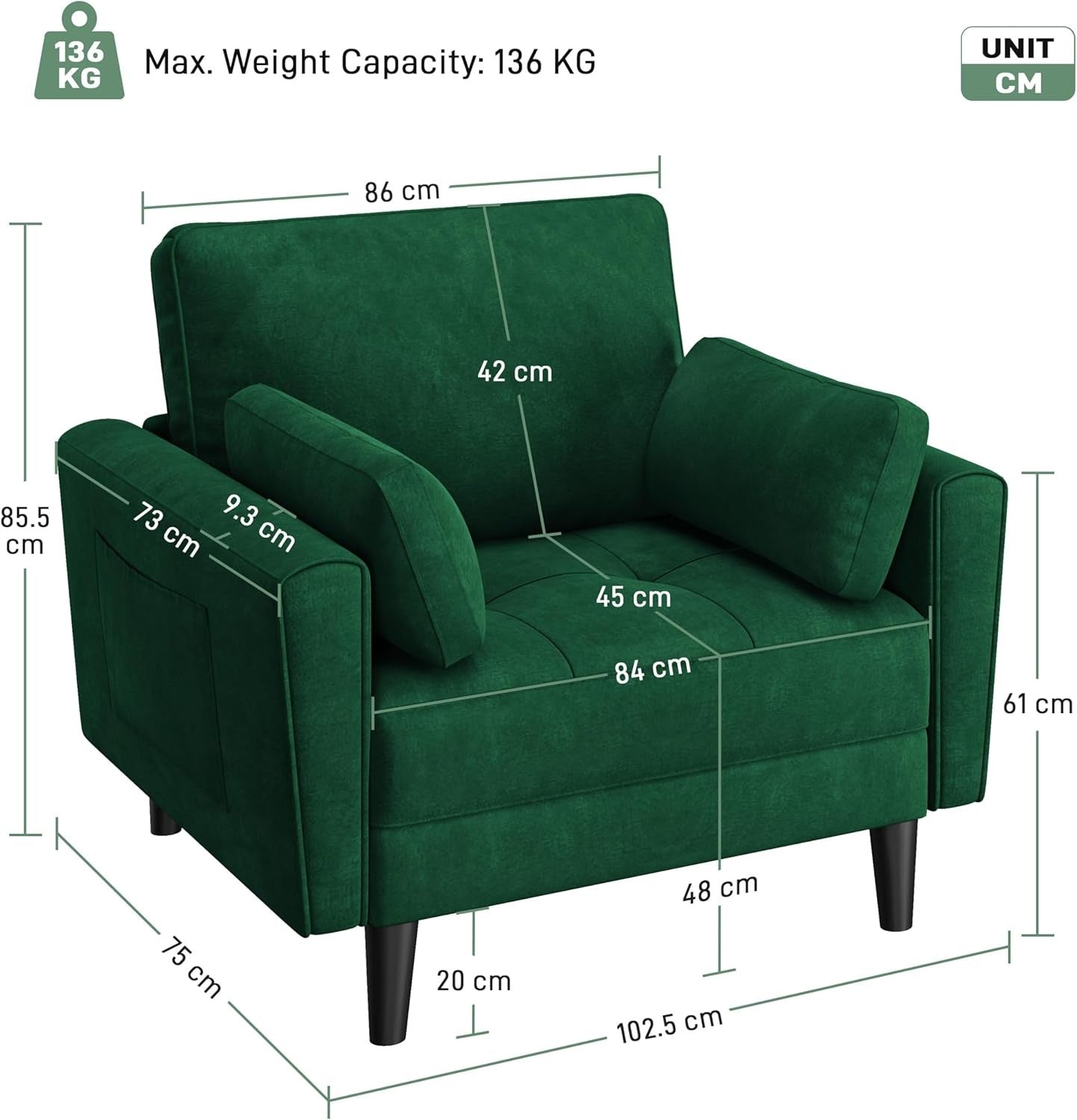 Green Tufted Tub Chair Oversized Armchair Velvet with Pillows