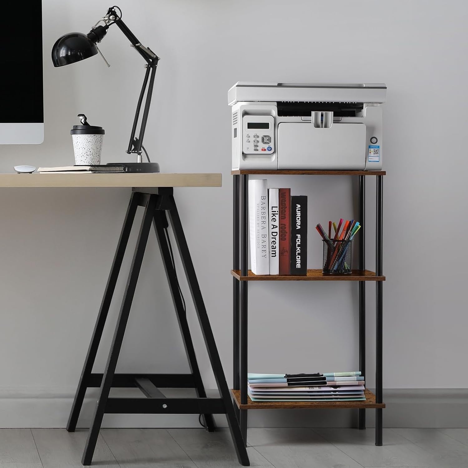 Tall Side Table 3 Tier Narrow Storage Shelf Rustic Small Space End Unit
