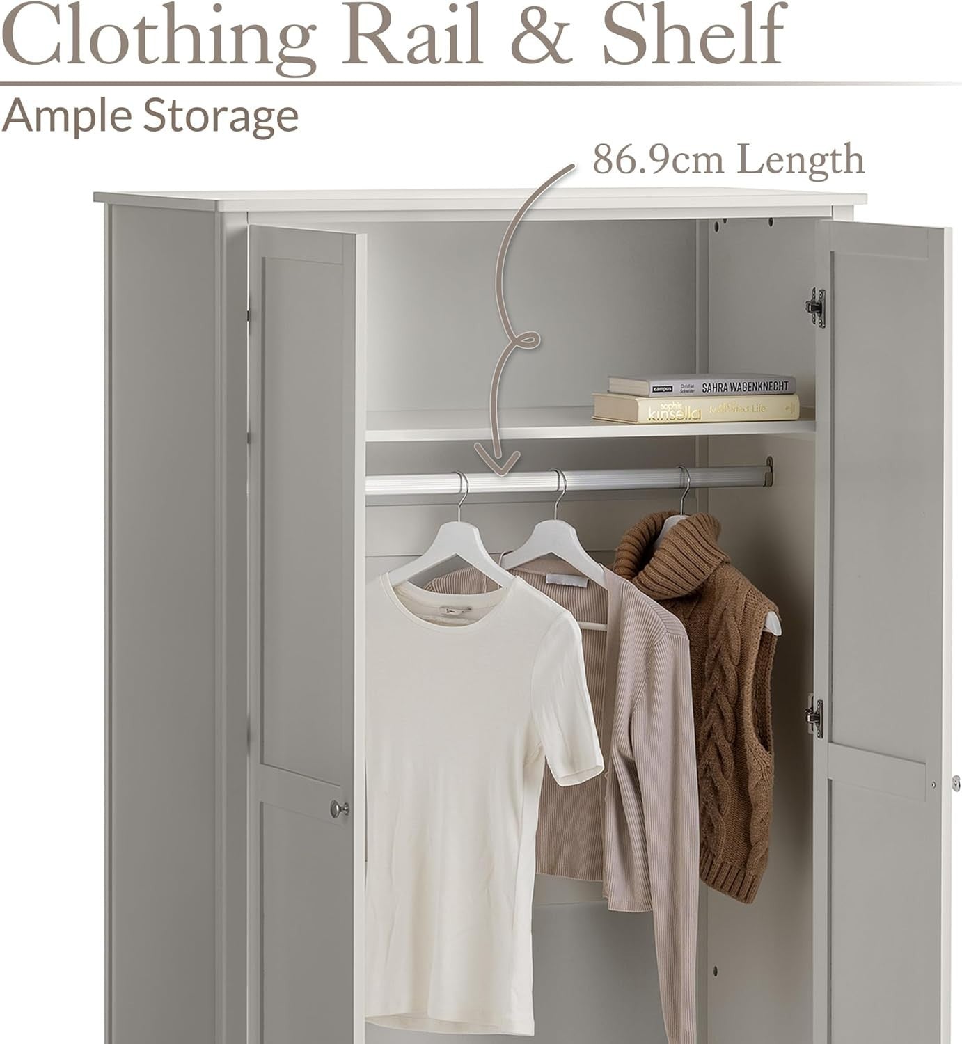 Natural Stone Double Wardrobe with Drawer | Soft Close Doors | Clothes Rail