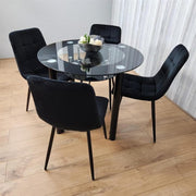 Round Black Glass Dining Table Set with 4 Tufted Chairs Modern Kitchen