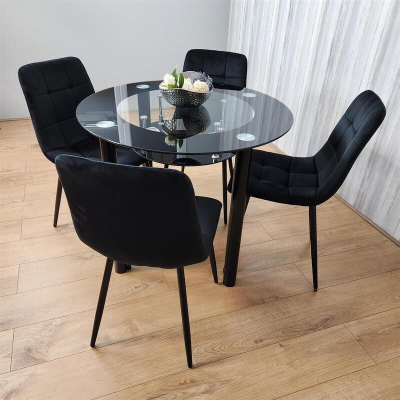 Round Black Glass Dining Table Set with 4 Tufted Chairs Modern Kitchen