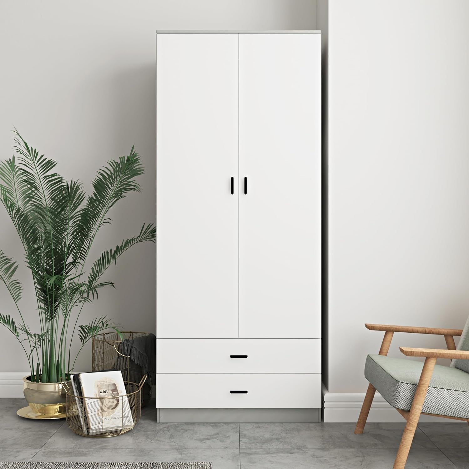 White Drawer 2 Door Wardrobe with Rail | Modern Grey Bedroom Storage Unit