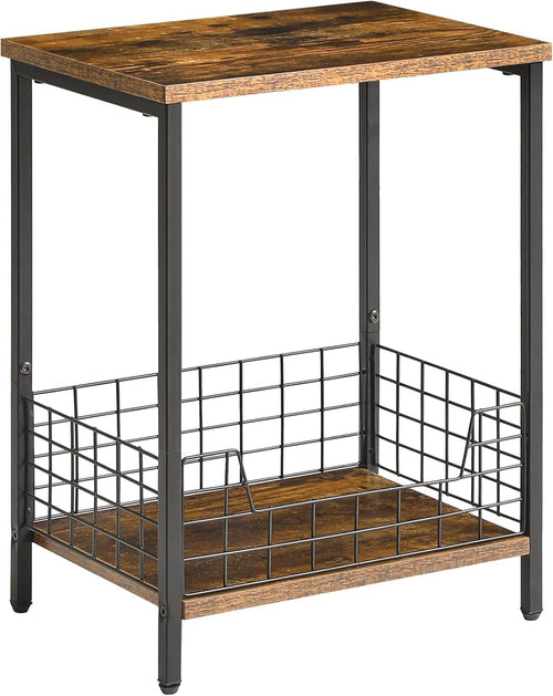 Rustic Brown Side Table with Storage Rack – Small Nightstand & Coffee Table