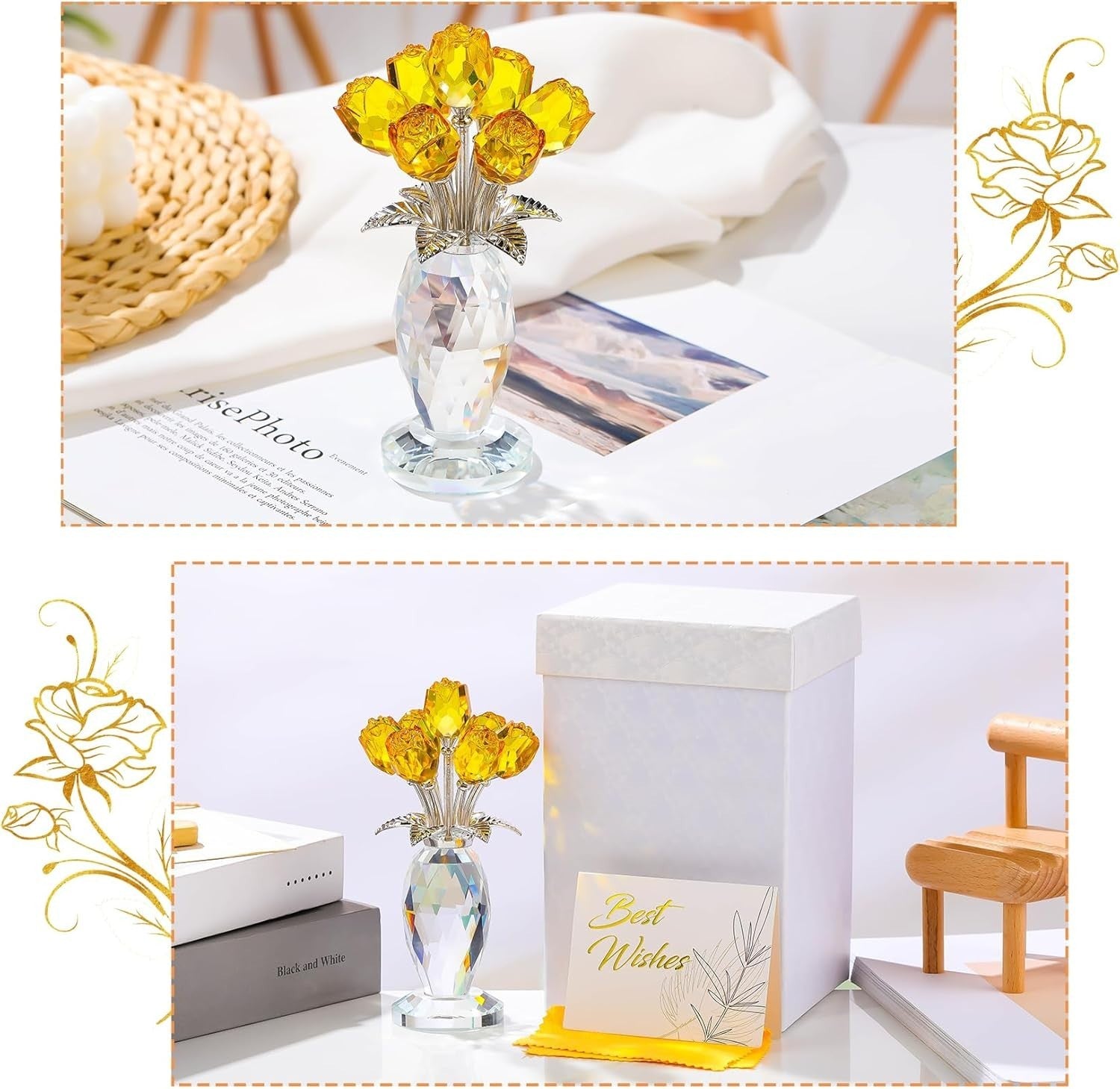 Yellow Crystal Rose Bouquet Ornament Glass Flower Figurine Gift for Mum Wife