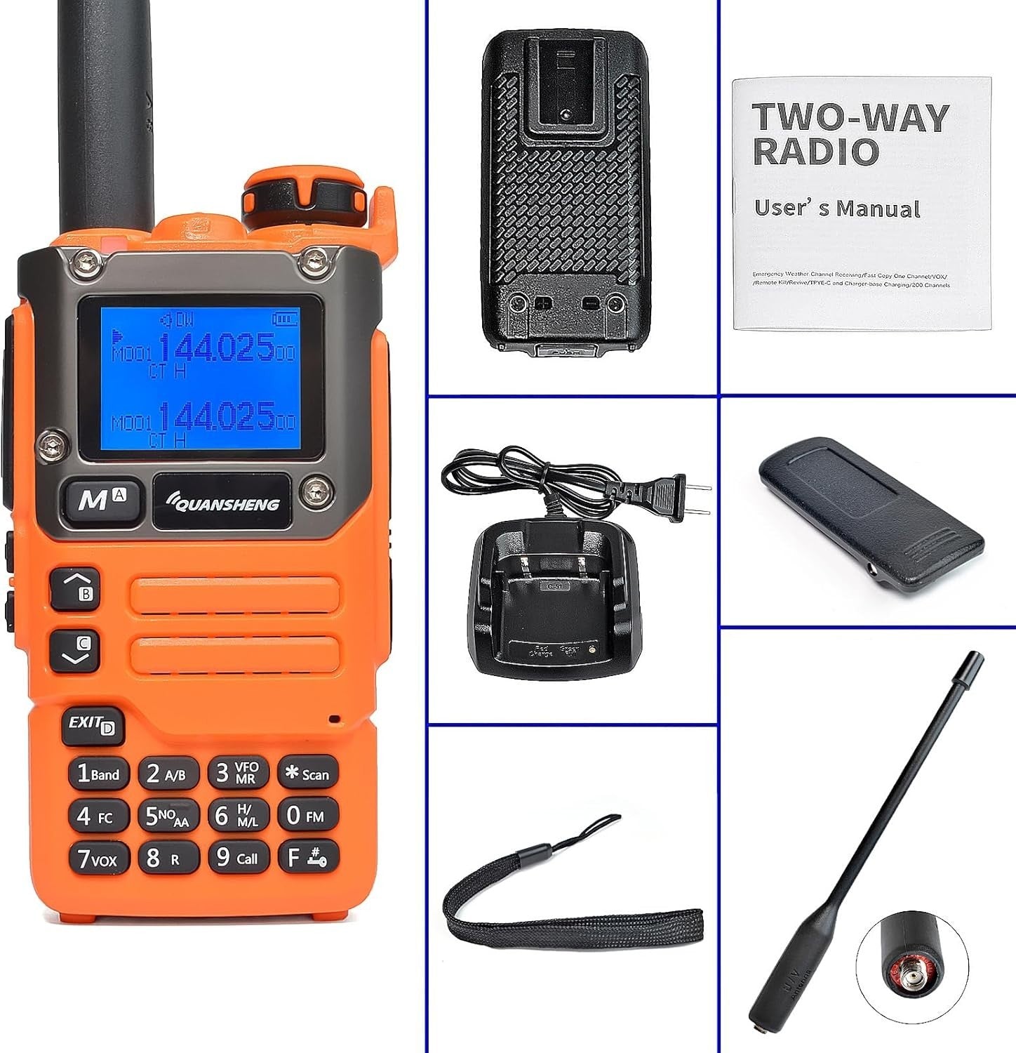Dual Band Walkie Talkie VHF UHF NOAA Long Range Orange Radio Earpiece