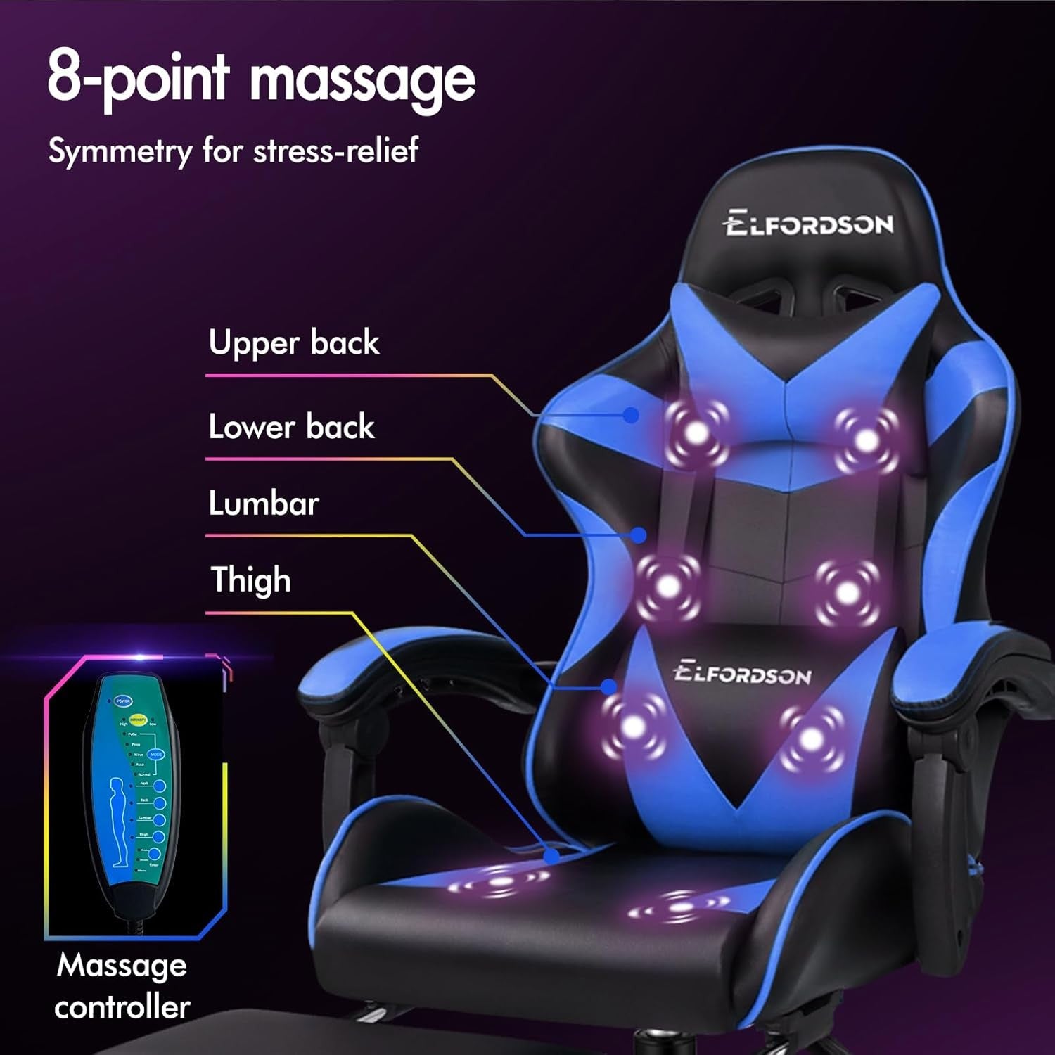Blue Massage Gaming Chair Recliner w/ Footrest 150° Swivel PU
