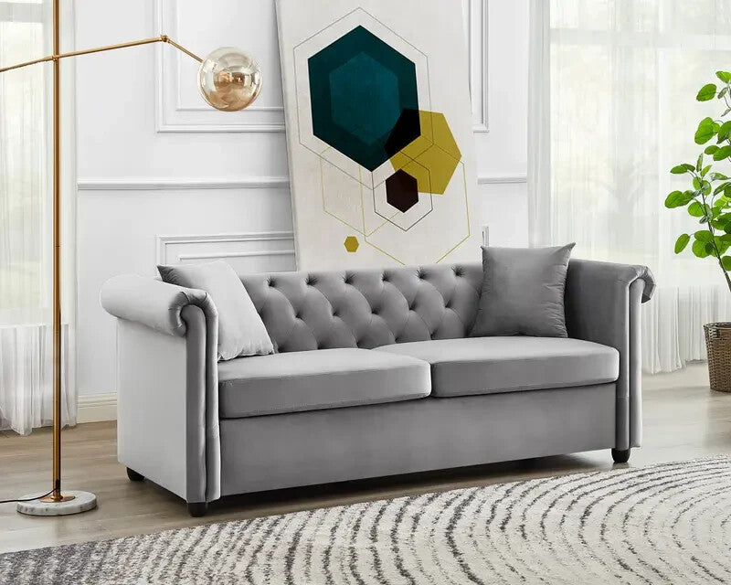 Grey Velvet 3 Seater Sofa Chesterfield Style Scroll Arms Tufted Back Couch