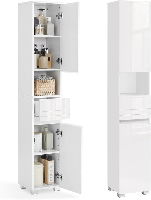 Slim Tall Bathroom Cabinet with Drawer, Adjustable Shelves & Lock, 170cm