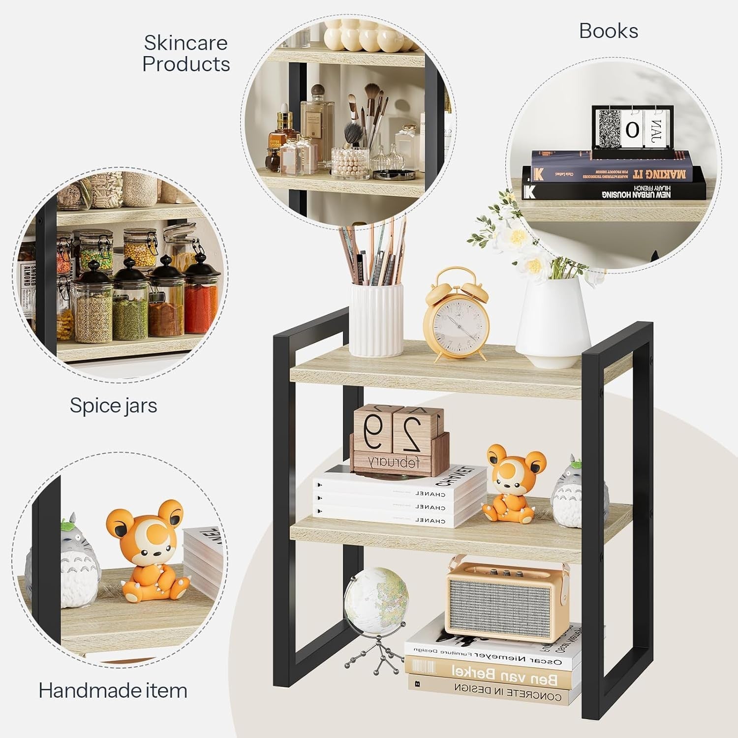 2-Tier Black & Natural Desk Shelf Desktop Bookshelf Organizer for Office & Home