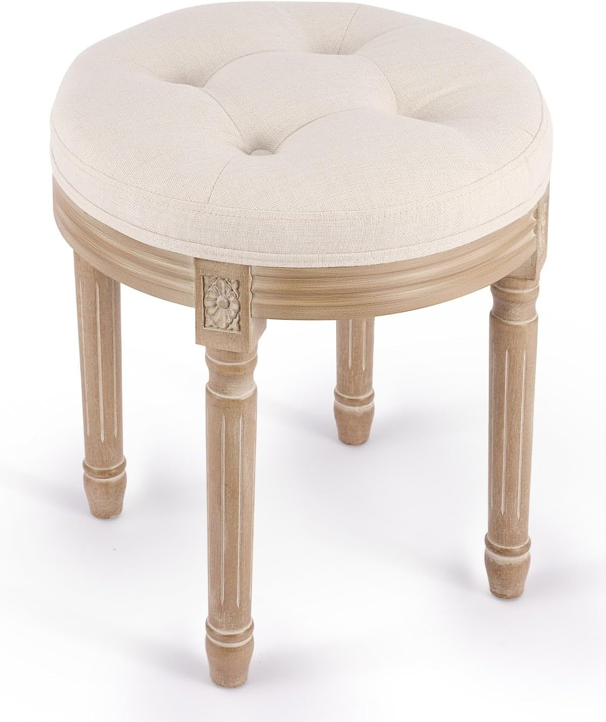 Round Vintage Ottoman Stool Tufted Upholstered Cushion Seat 45cm Beige