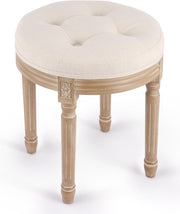 Round Vintage Ottoman Stool Tufted Upholstered Cushion Seat 45cm Beige