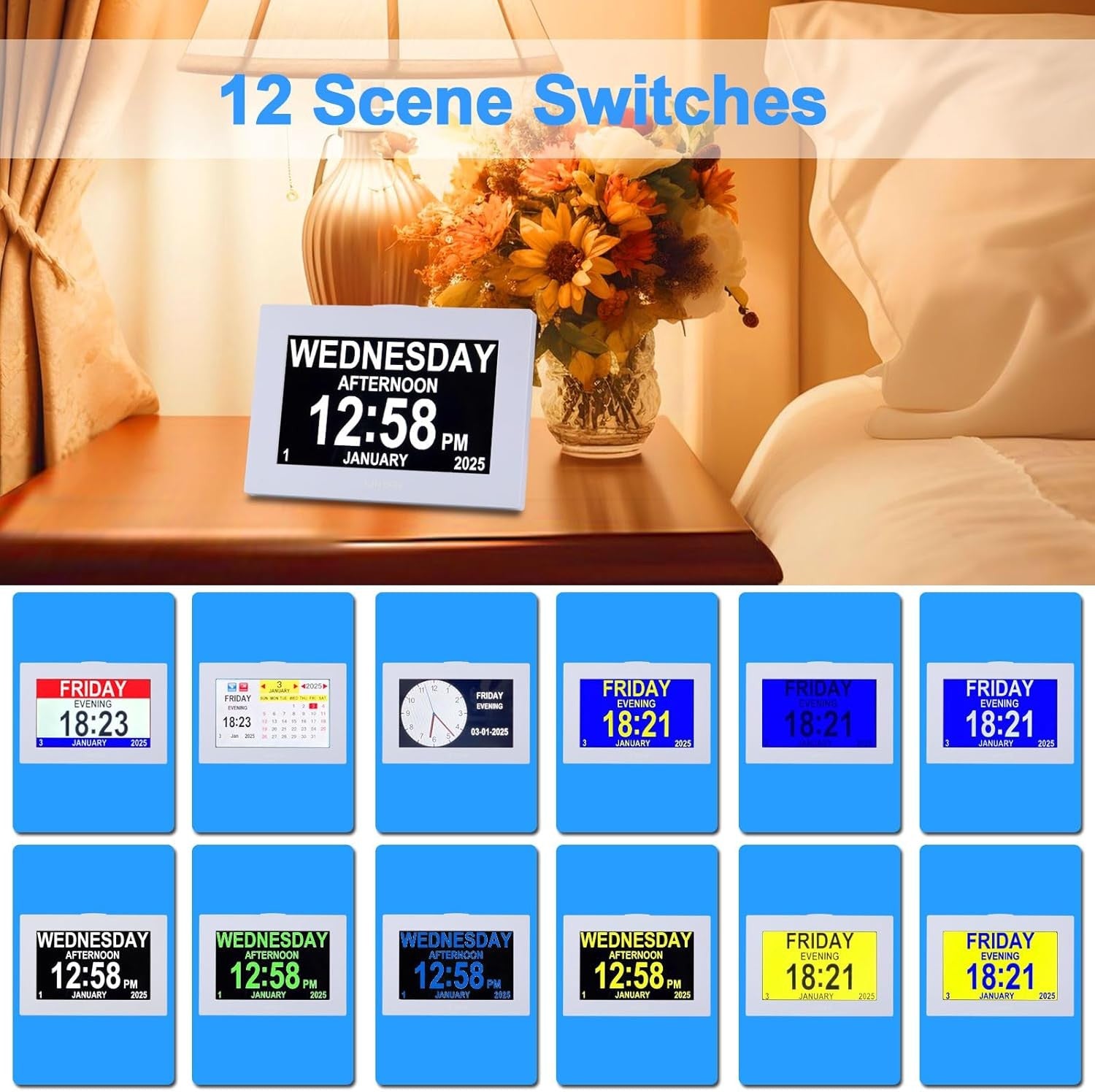 Large Dementia Alarm Clock 8” Touch Screen Talking Date Display