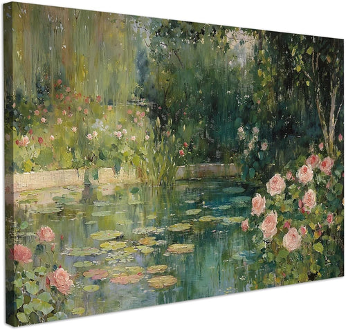 Impressionist Floral Pond Canvas Wall Art Framed Botanical Landscape Decor