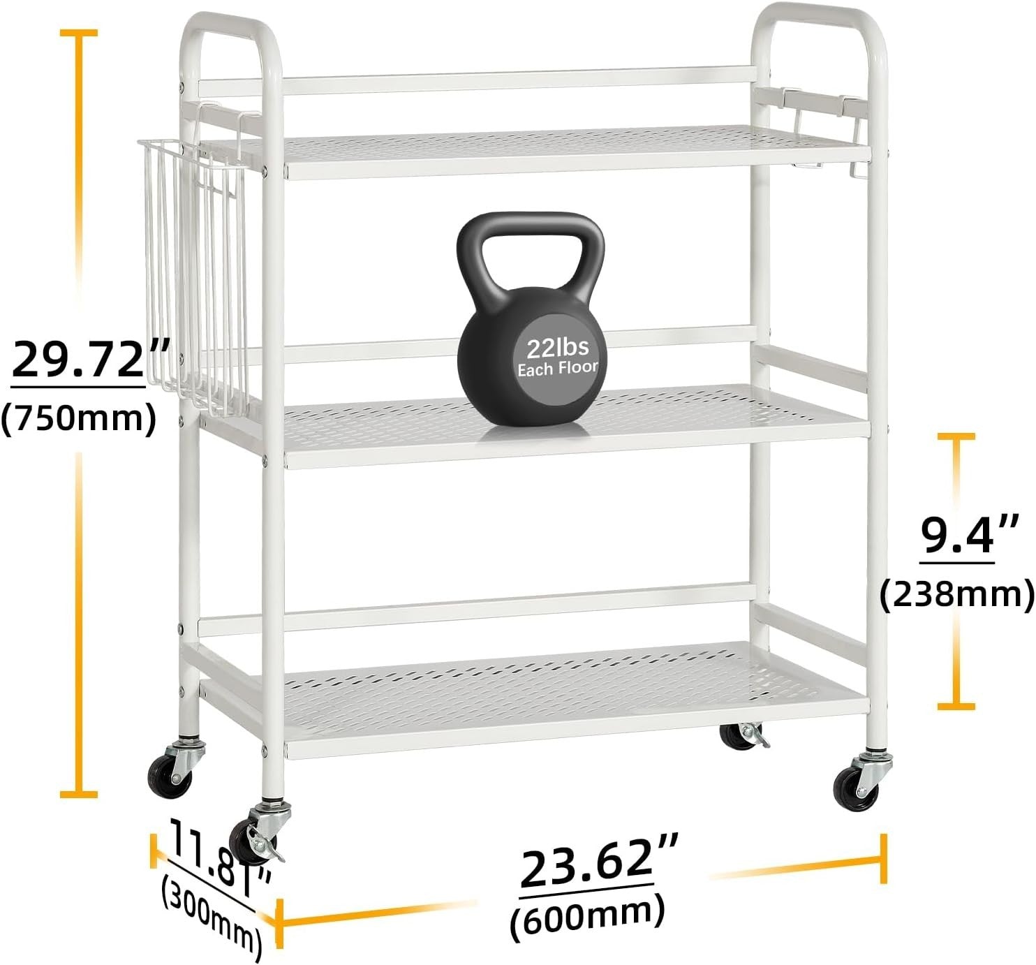 White 3 Tier Metal Mesh Rolling Utility Cart Heavy Duty Storage Rack