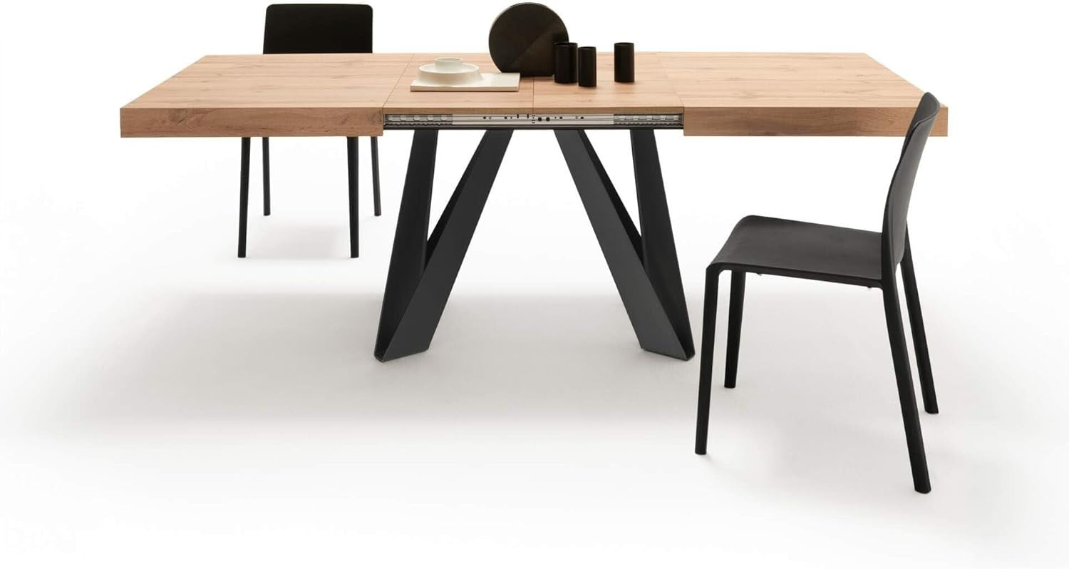 Extendable Oak Dining Table Rustic Finish with Black Metal Legs 220cm Max