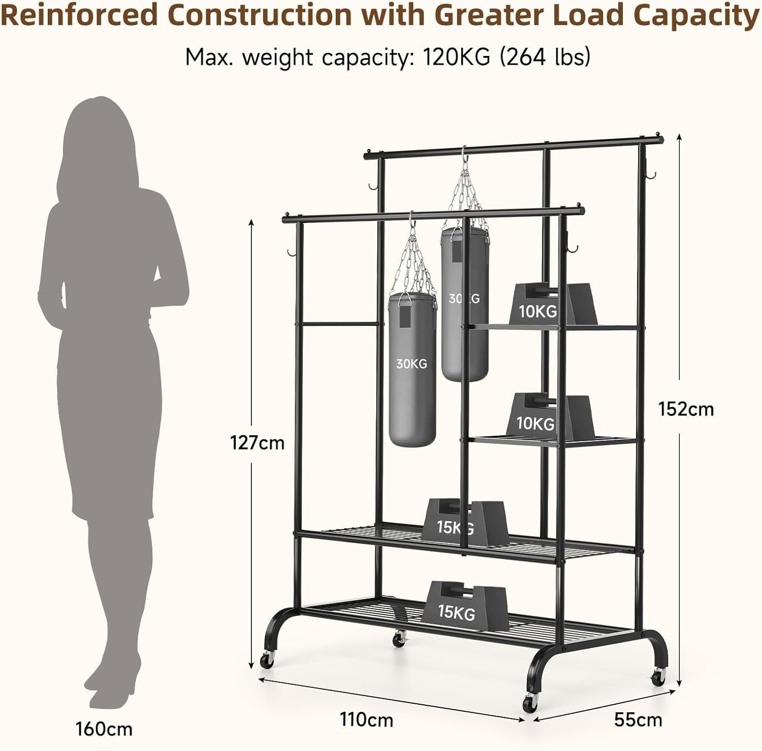 Heavy Duty Clothes Rail 6ft x 5ft Metal Garment Rack Black