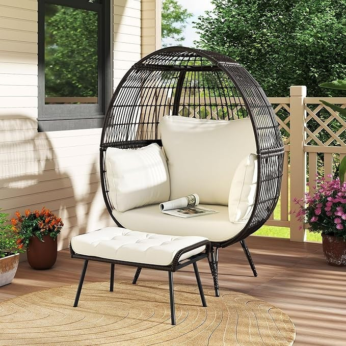 Extra Large Rattan Egg Chair with Footstool Outdoor Indoor Lounge Seat