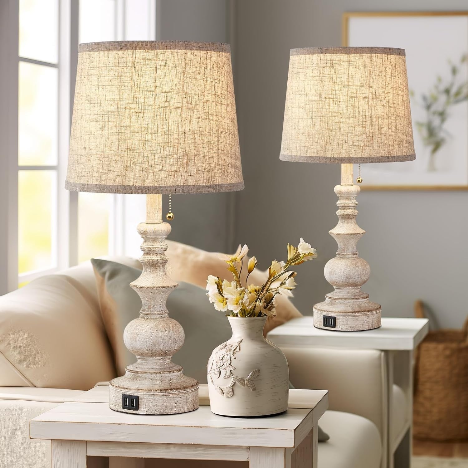 Rustic Farmhouse Table Lamps with USB Ports Set of 2 26cm Perfect Light0