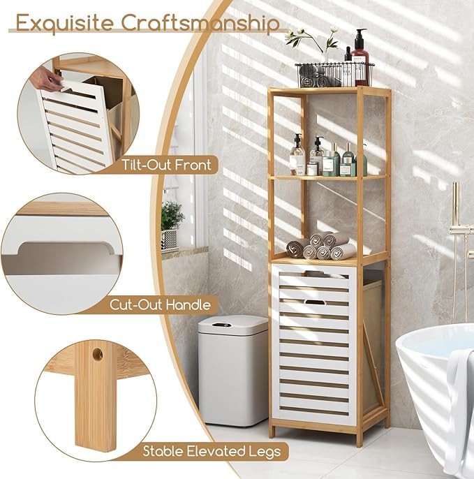 Bamboo Laundry Hamper with Shelves | Tilt-Out Basket & Removable Liner 130cm