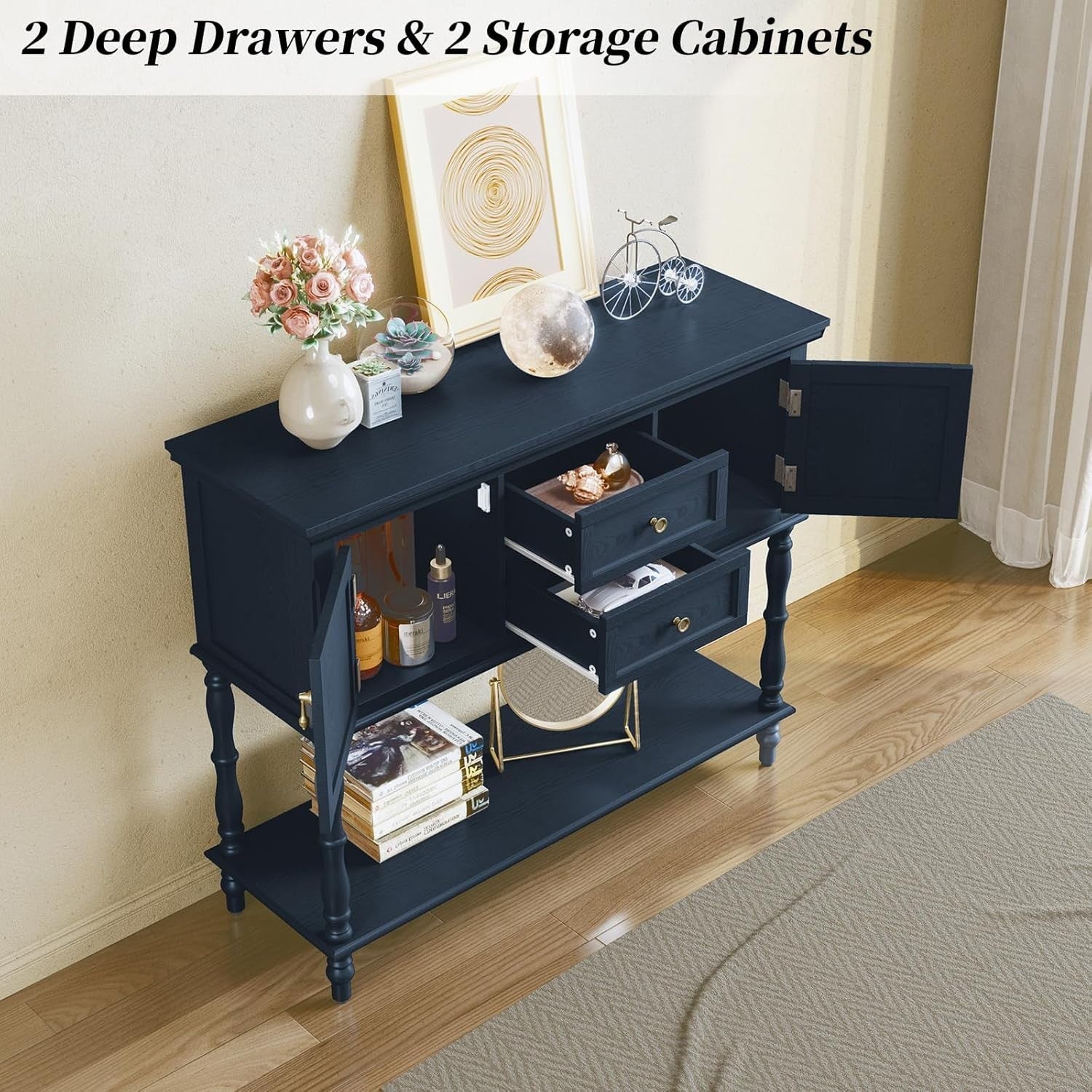 Retro Navy Blue Console Table with Storage Drawers & Shelf for Hallway