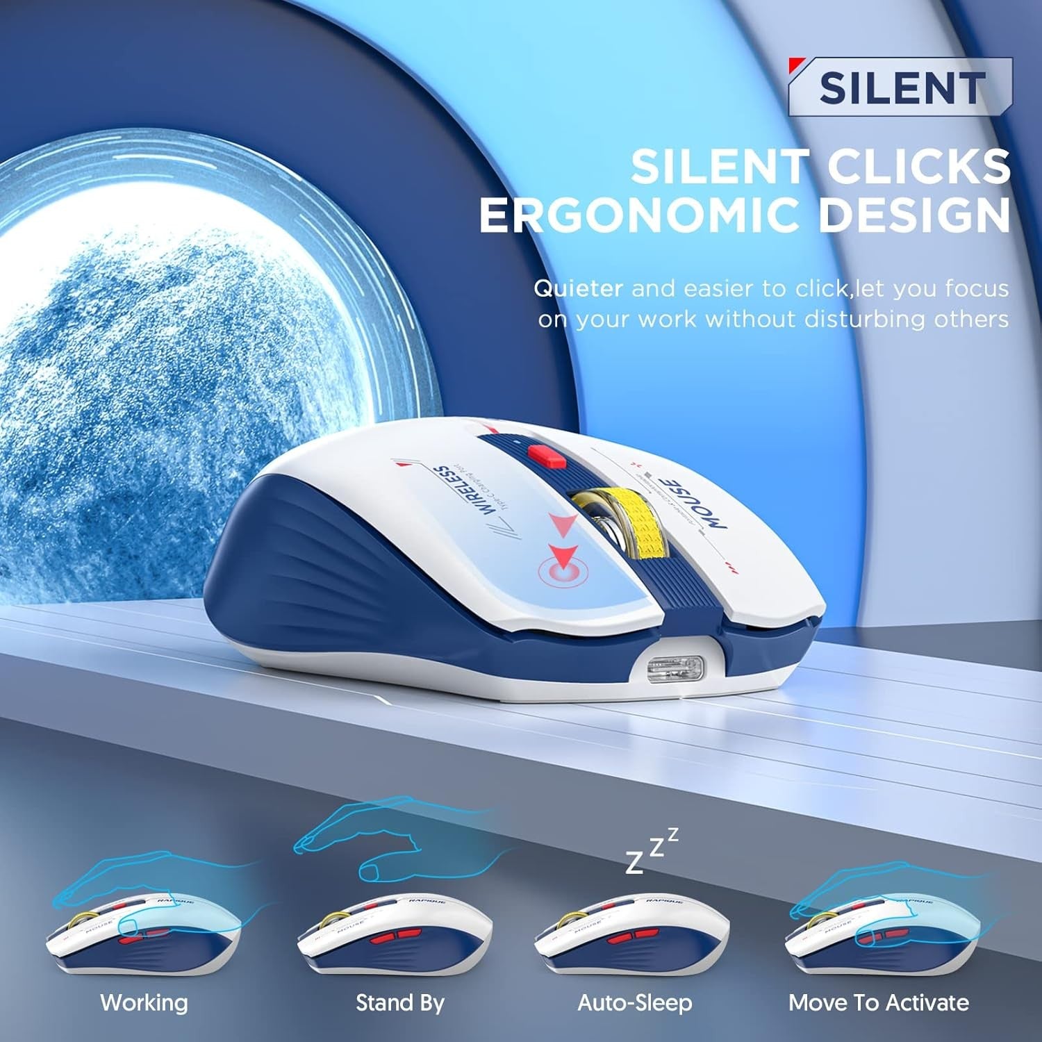 RAPIQUE Bluetooth Wireless Mouse Tri-Mode USB Multi-Device Blue White