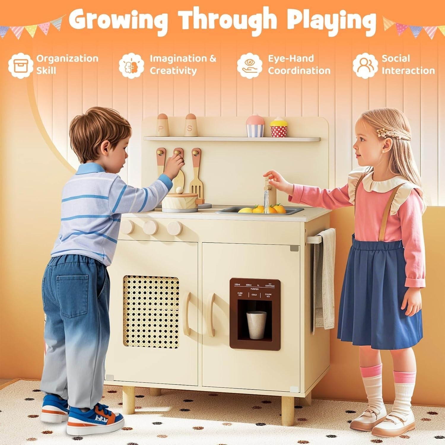 Kids Wooden Play Kitchen w/ Ice Maker Sink Yellow Toy Set