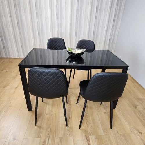 Black Glass Dining Table Set with 4 Leather Chairs Modern Italian Design
