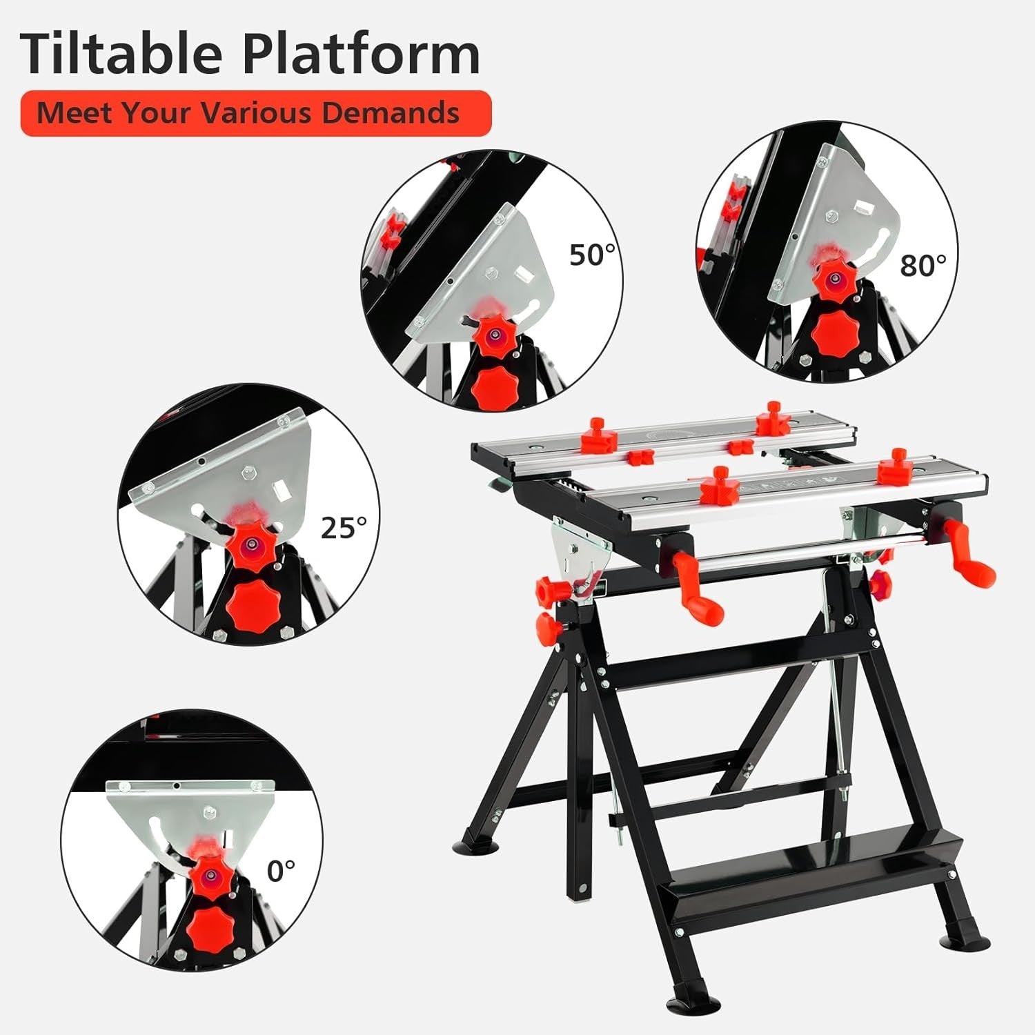 Folding Workbench 7-Level Adjustable Tilt Table Sawhorse Clamps Heavy Duty