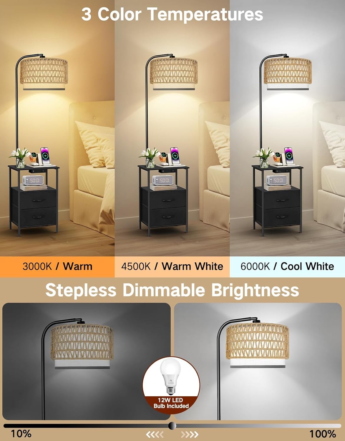 Floor Lamp with Table Drawers Rattan Shade Dimmable LED Charging Station