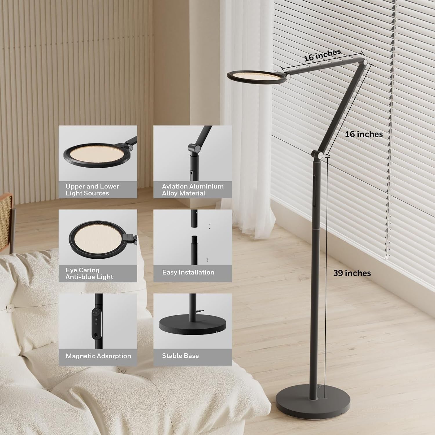 LED Floor Lamp Eye Caring Dimmable Remote Adjustable Arm Office Reading Light