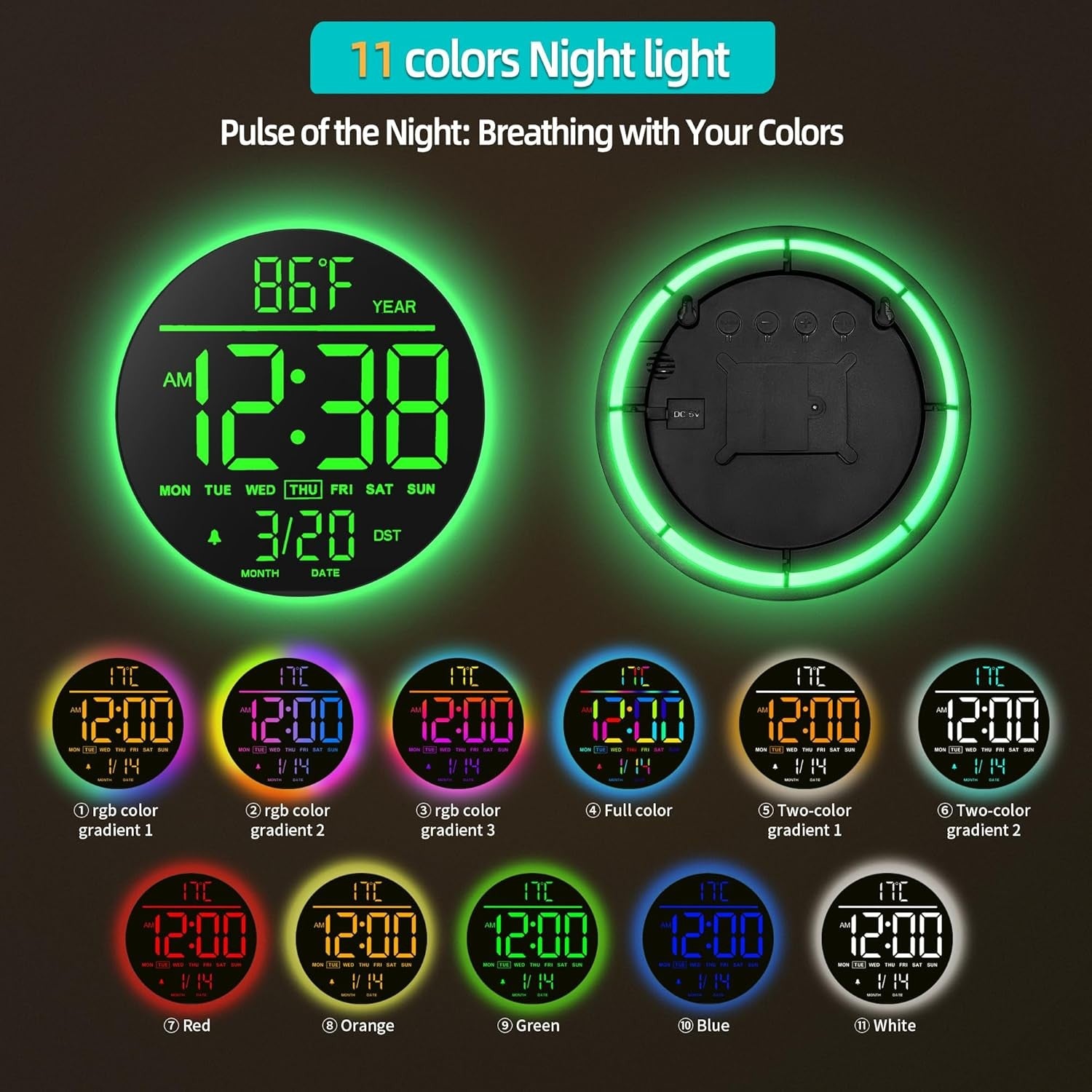 Black Green 10″ RGB Digital Wall Clock LED Large Display Remote Temperature