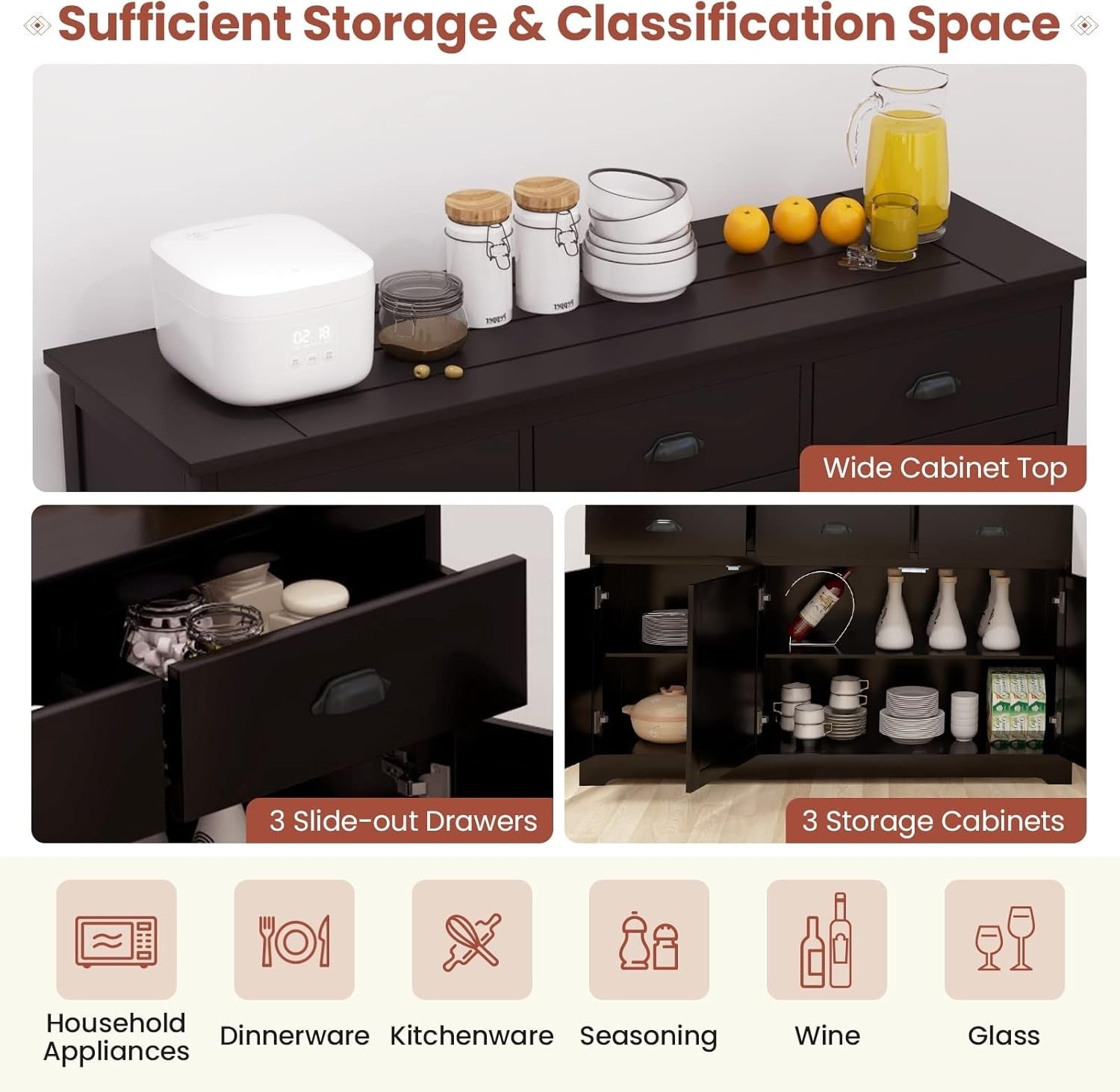 Dark Brown Sideboard Storage Cabinet with Drawers & Adjustable Shelf