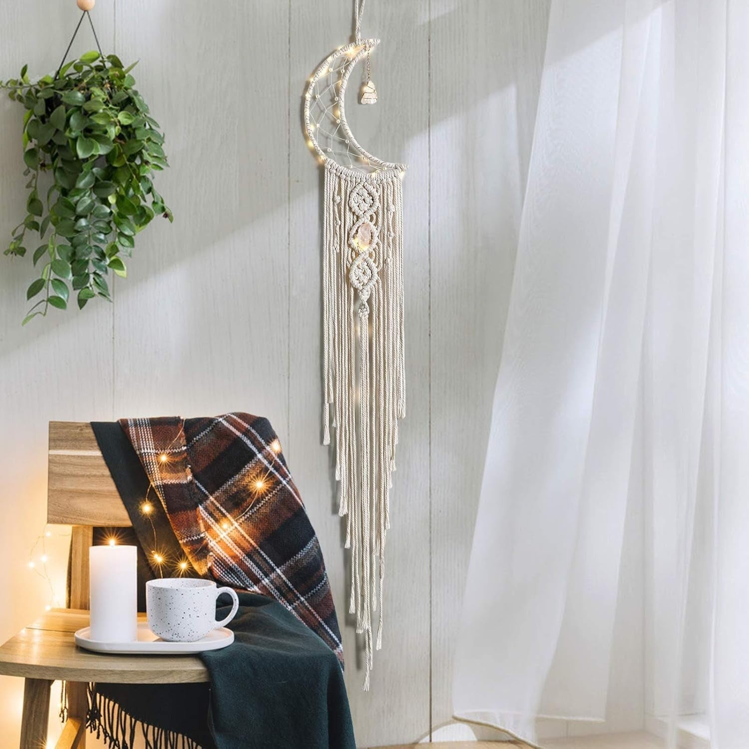 Boho Macrame Moon Wall Hanging White Crystal Dreamcatcher Decor