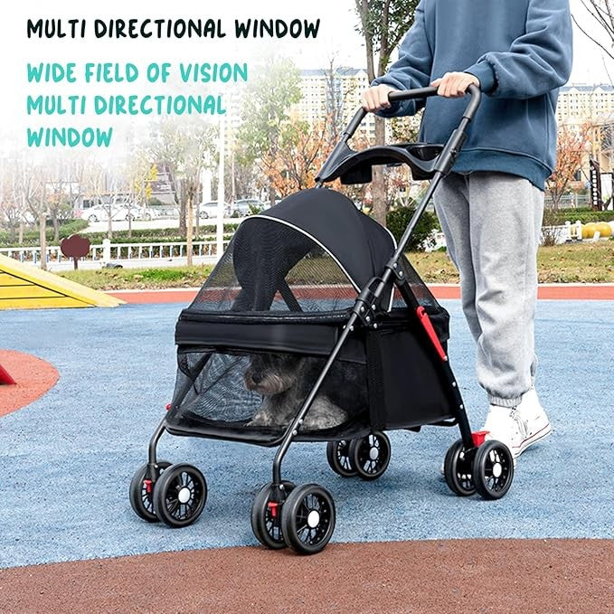 4 Wheel Dog Stroller Folding Pet Pram Travel Pushchair with Cup Holder Black