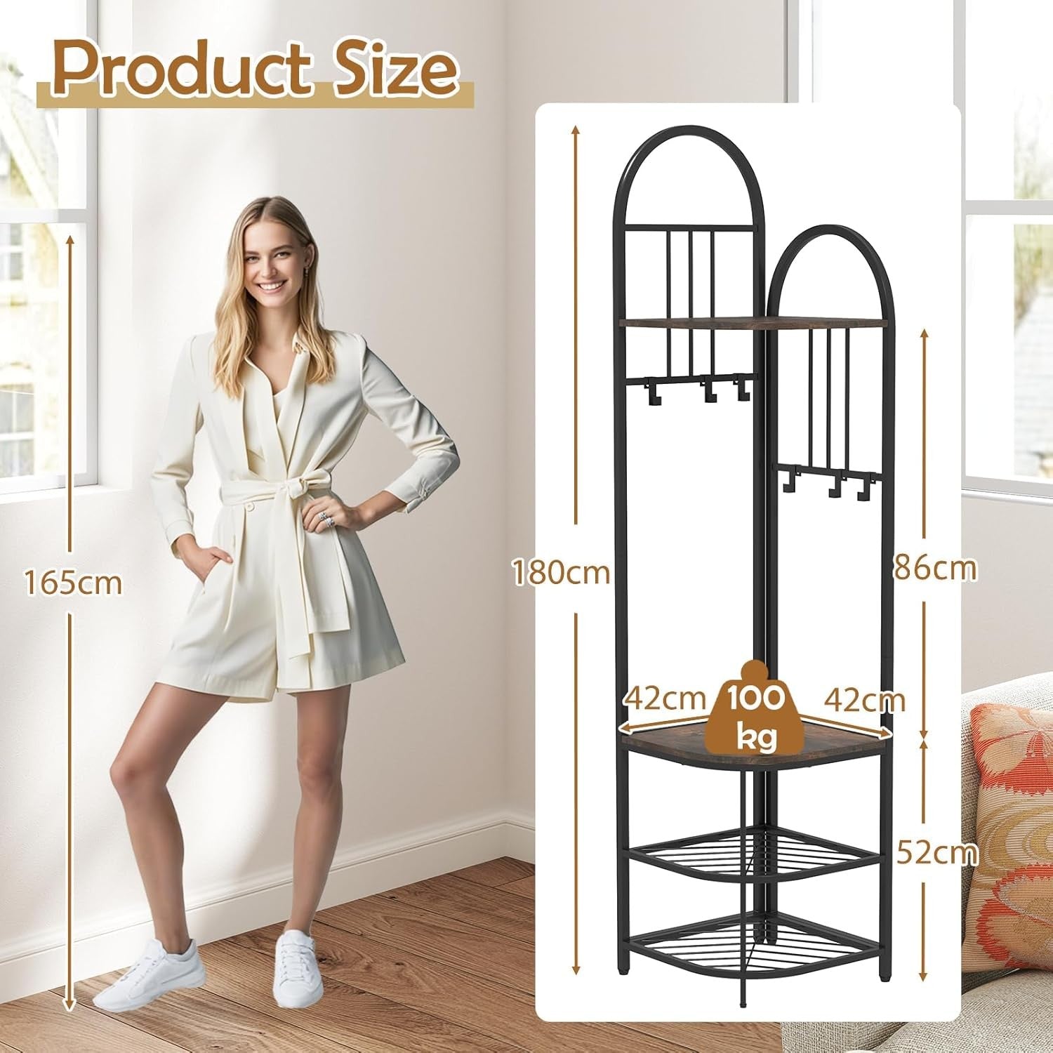 Rustic Brown Black Corner Coat Rack 4-Tier Hall Tree with Shoe Bench & Hooks