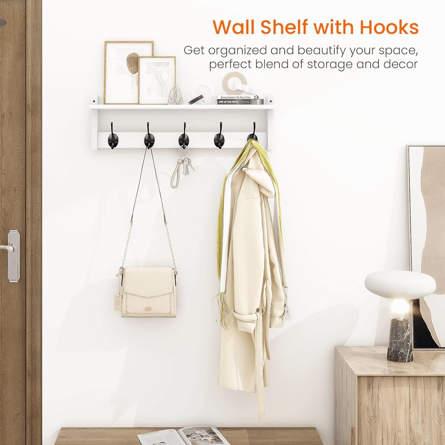 24in White Wall Mounted Coat Rack with Shelf Entryway Hat Towel Bag Hooks