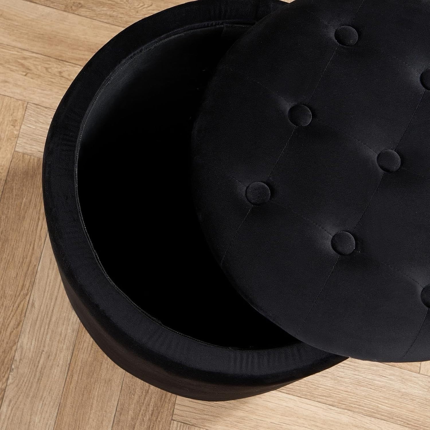 Black Matte Velvet Button-Top Storage Ottoman Round Dressing Table Stool