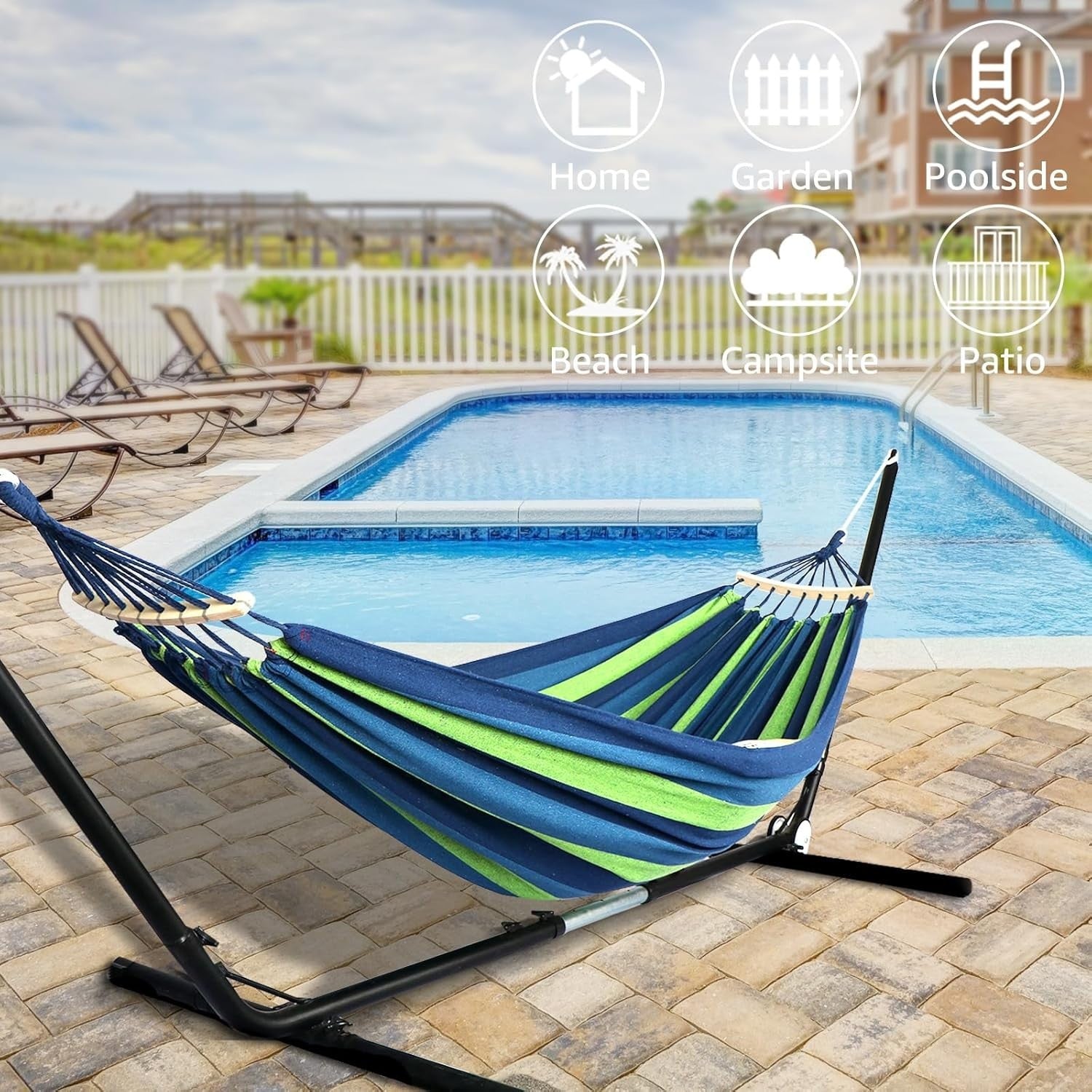 Outdoor Cotton Hammock with Spreader Bars & Tree Straps – Portable - Blue/Green