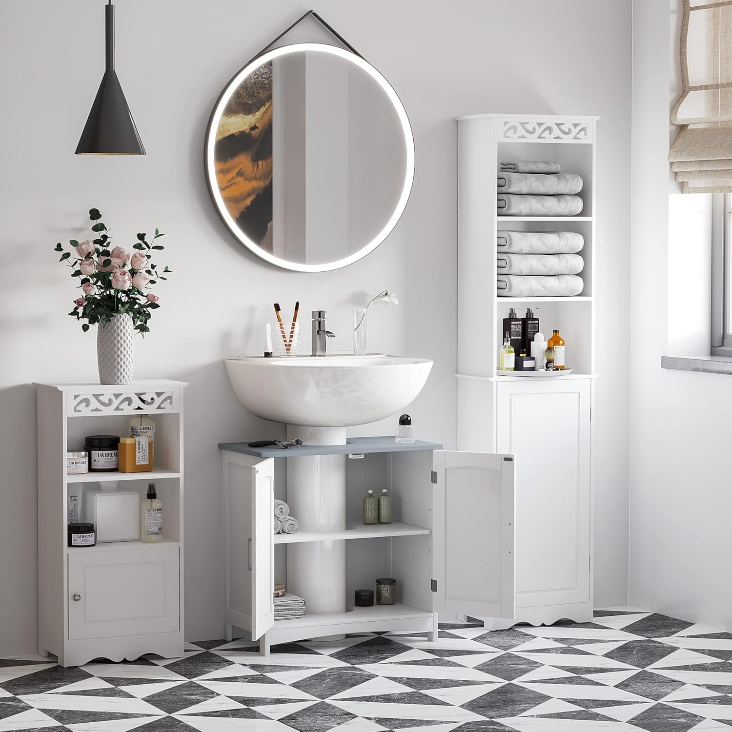 White Under Sink Bathroom Cabinet with Adjustable Shelves & Double Doors