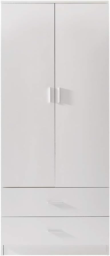 White 2 Door Wardrobe with 2 Drawers & Hanging Rail Durable Bedroom Closet