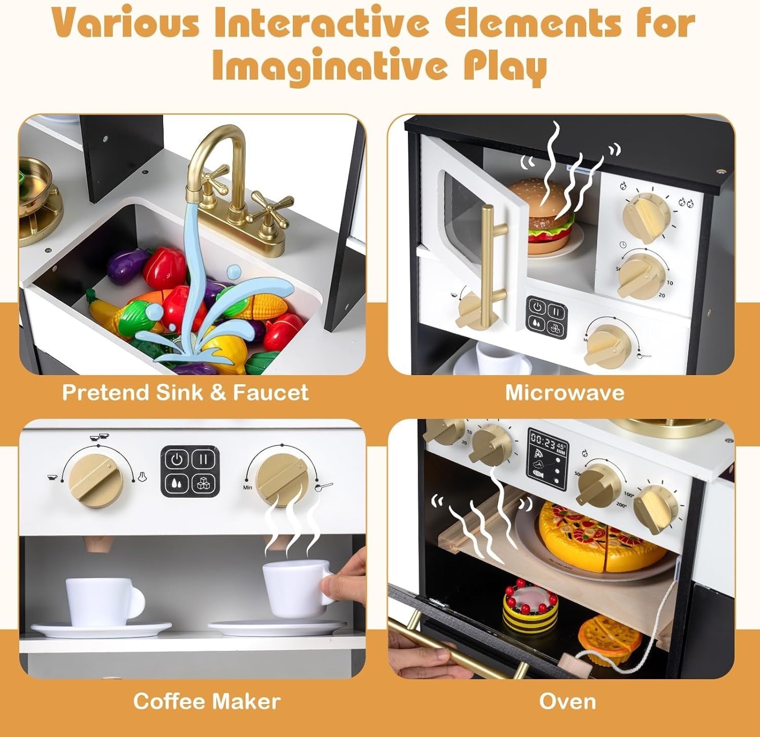 Luxury Kids Wooden Play Kitchen Lights Sounds Ice Maker Black Set