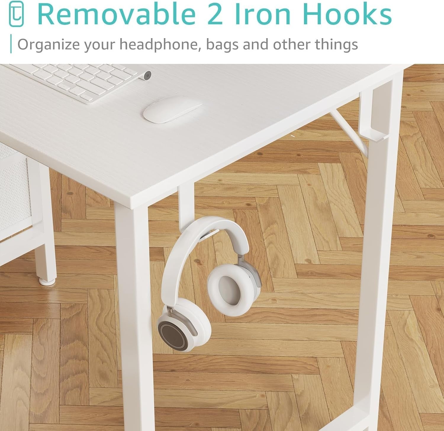 Modern White Office Desk w/Fabric Drawers Metal Frame Computer Table