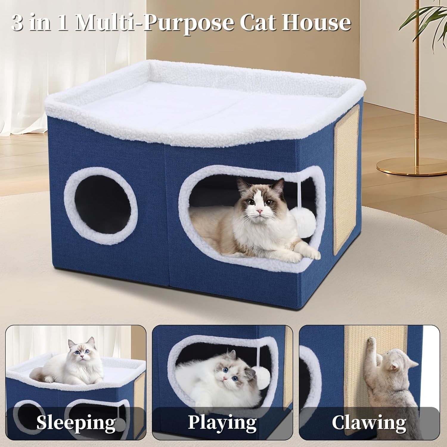 Foldable Cat House Cave Large Cat Cube w Scratch Board Play Ball